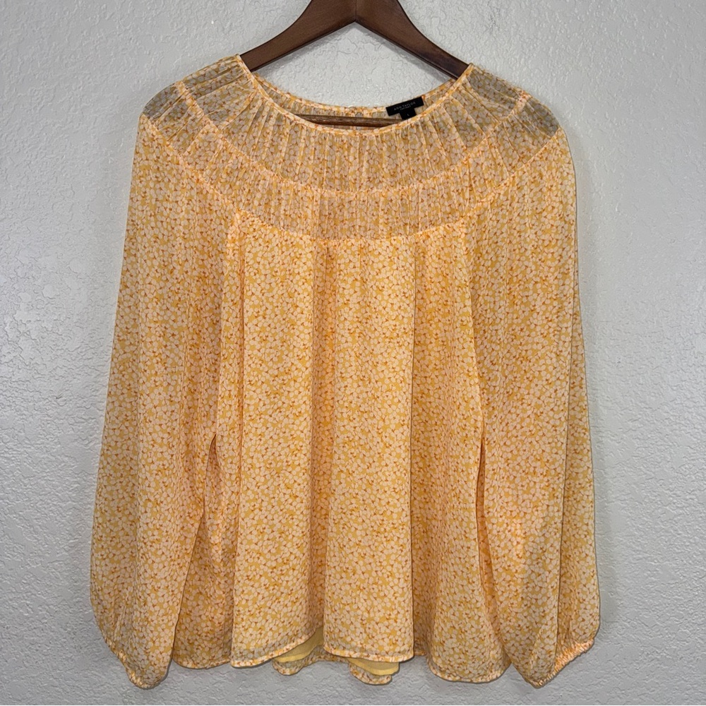 Ann Taylor Floral Sheer Shirt Blouse Top‎ Large Dotted Yellow Blouse Office #cc